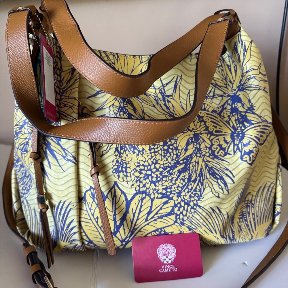 Vince Camuto Yellow Floral Shoulder Bag with Brown Trim